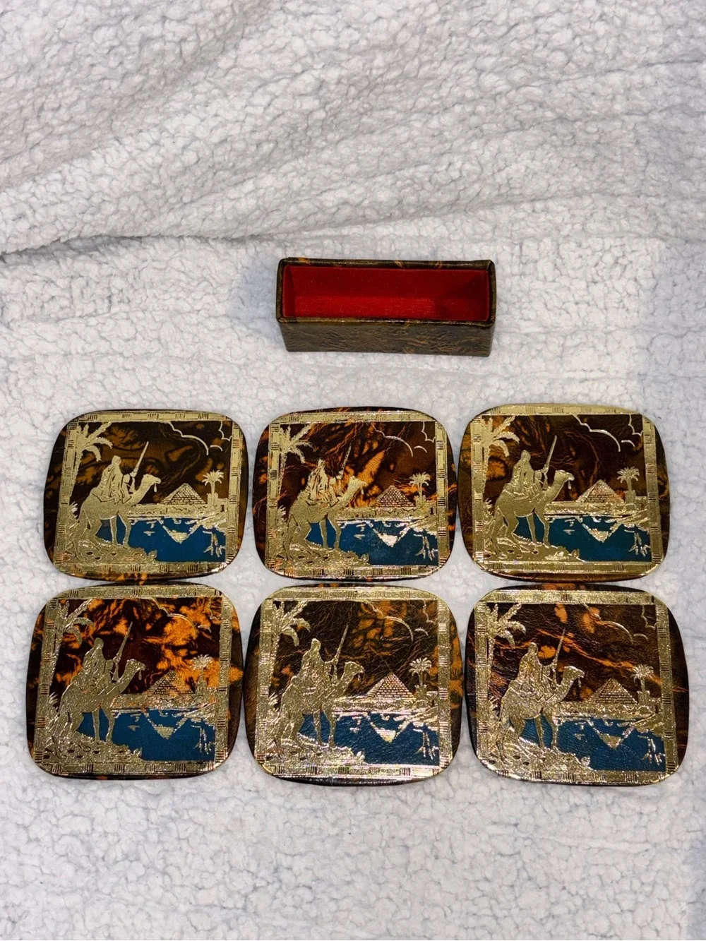 Vintage Egyptian Camel & Pyramid Coaster Set of 6 with Faux Leather Holder